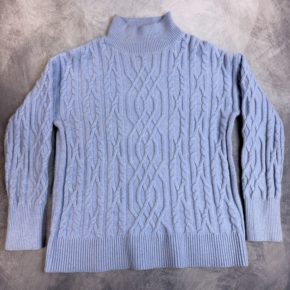 Tahari Light Blue Cable Knit Mock‎ Neck Sweater Viscose Blend Pullover Womens